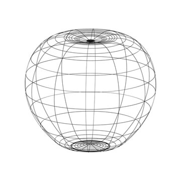 3D wireframe oblate spheroid model with intersecting grid lines, abstract geometric illustration for mathematics, physics,