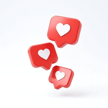Three floating red social media notification icons with white hearts on a clean white background
