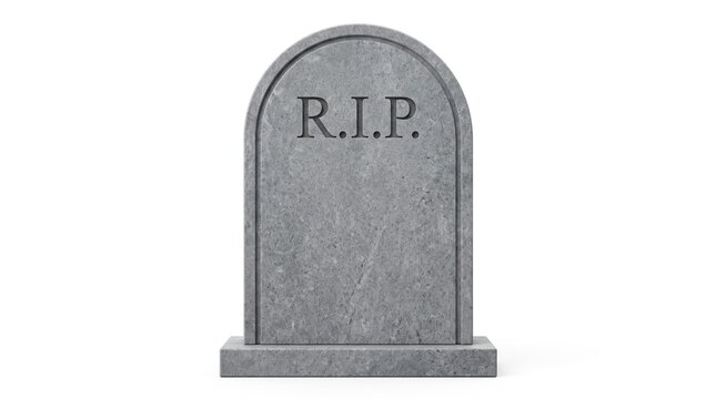 Grey Granite Tombstone with RIP Engraving Isolated on White Background, Symbolizing Death Mourning and Cemetery Memorials