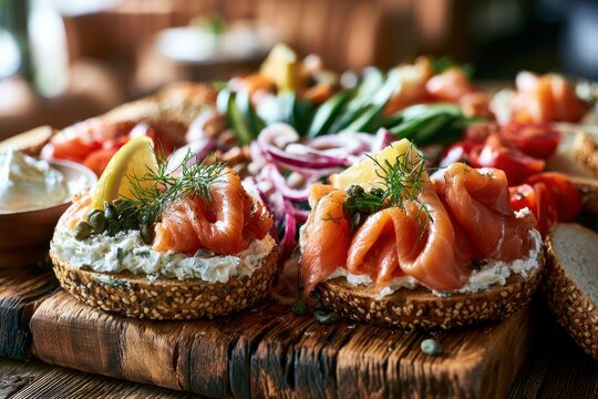 Brunch board featuring bagels, lox, dill, citrus, and crisp vegetables