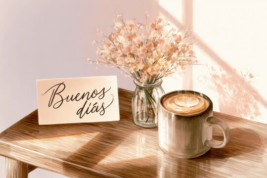 Buenos d&Atilde;&shy;as morning still life: coffee, handwritten note, and a bouquet of delicate spray flowers
