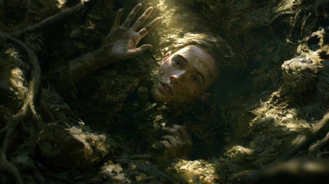 Buried yet unbroken: a figure rises from the earth with unwavering resolve