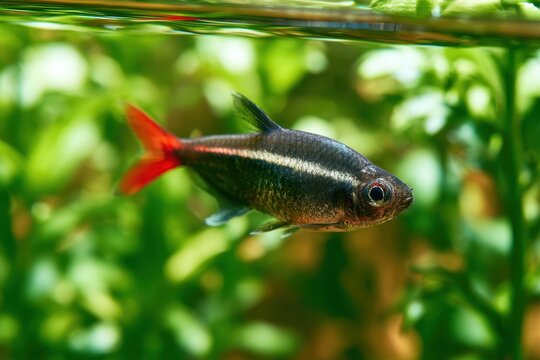 Calm home aquarium scene featuring a dark-bodied tetra with a white midline and red tail