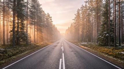 Fototapeta premium Scenic asphalt road stretching through a misty pine forest at sunrise with golden light