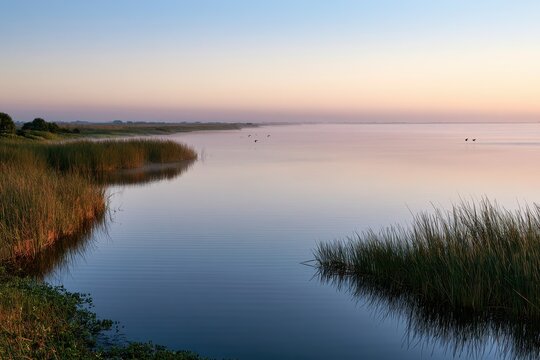 Calm Lake Okeechobee landscape at dawn with mist, birds in the distance, and glassy surface