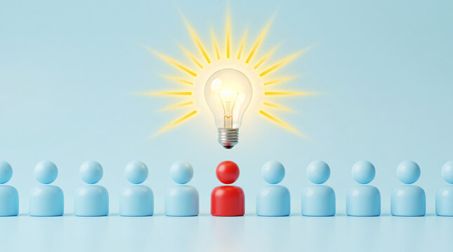A glowing light bulb above a red figure standing out from a line of blue figures, symbolizing innovation and unique ideas, perfect for business or creative concepts.