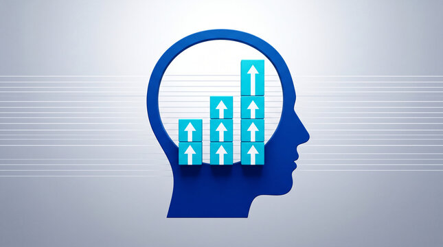 Blue head silhouette with ascending arrow blocks, representing growth and success, conceptual for business, learning, and ideas