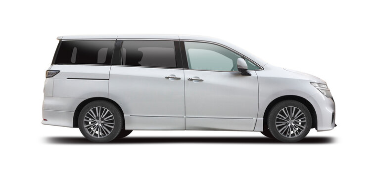 Modern white MPV family car Nissan Elgrand side profile cutout on white studio background