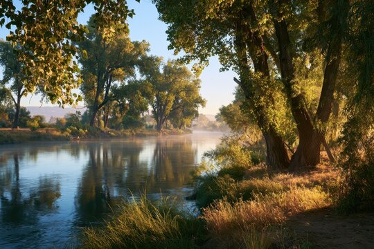 Calm riverbank scene along the Tuolumne River near Modesto, California