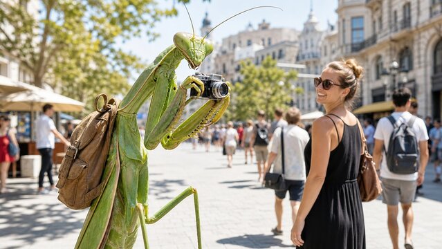 Surreal high-key visual of a giant Praying Mantis tourist with a camera in a bright city street. Whimsical distorted scale humor for travel and city concepts.
