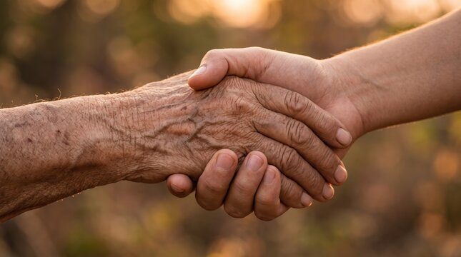 Close up of elderly wrinkled hand holding young smooth hand, symbolizing generation gap, care, family support, love between grandparent and child, connection across ages in warm