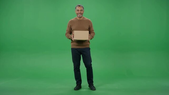 Smiling man holding a cardboard box in front of a green screen, ready for delivery or unboxing.