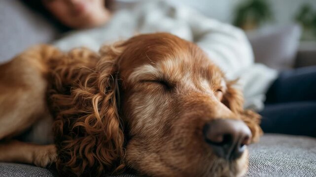 A close up of a golden retriever resting with eyes closed on a soft sofa, radiating calmness and serenity. The scene captures a peaceful moment of companionship and relaxation indoors