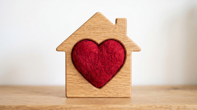 Wooden house shape with a textured red heart inside, symbolizing home, love, and belonging.
