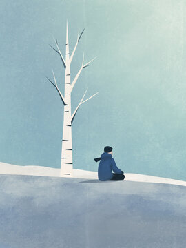 solitude lifestyle concept , silhouette of a man sitting on winter landscape , vertical design, digital painting  