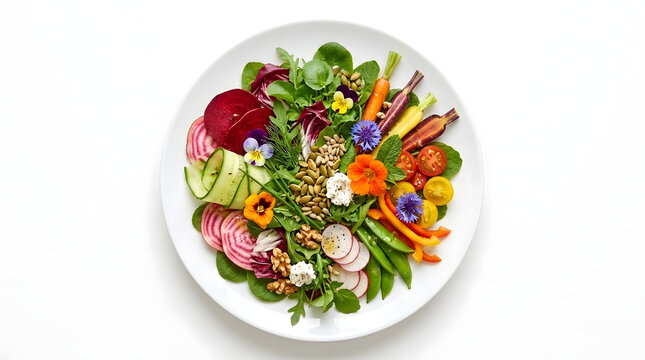Fresh vibrant salad with colorful vegetables nuts seeds flowers and greens transparent background