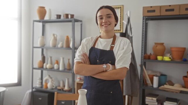 Woman potter in apron with arms crossed beside pottery shelves and ceramic vase on table in studio; craft pride skill.