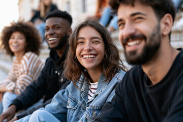 Fototapeta premium group of friends laughing together outdoors in denim jackets and jeans, happy and relaxed front view, possibly on steps or a bench, blue and black tones, natural light, clean background.