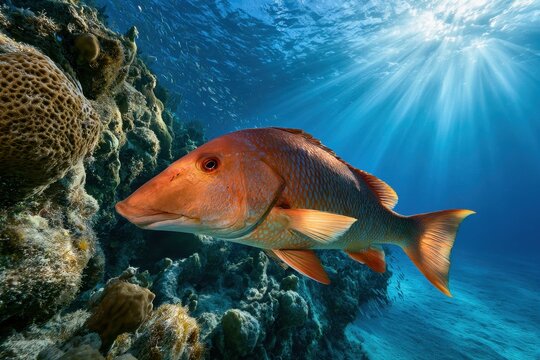 Caribbean reef habitat with a hogfish swimming through clear blue water