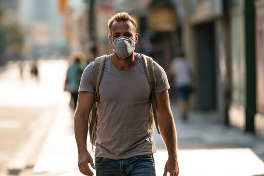 Casual commuter with protective N95 respirator on busy city sidewalk