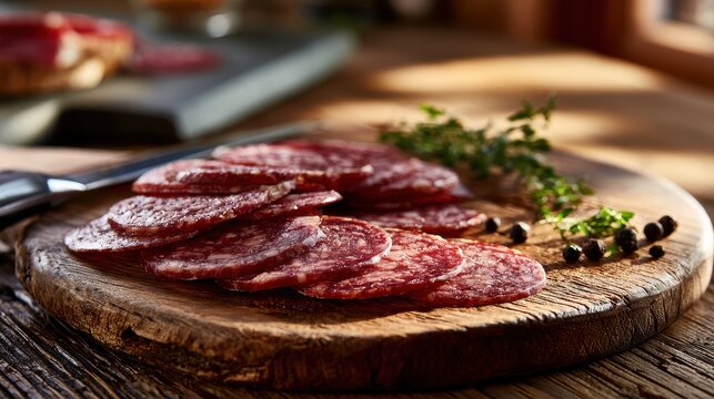 Charcuterie-style Genoa salami slices on a wooden serving board