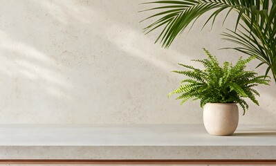 Fototapeta premium a minimalist indoor scene featuring a light gray concrete countertop in the foreground, with a thin wooden edge visible along the bottom