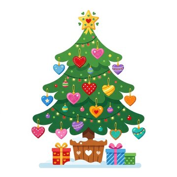 Christmas tree decorated with heart ornaments and gifts