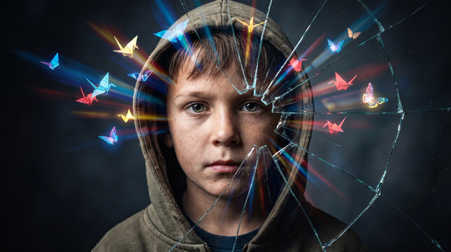 A confident-looking boy amidst broken glass and paper cranes. This illustrates the themes of child violence and bullying, emphasizing the "power of recovery and inner strength."