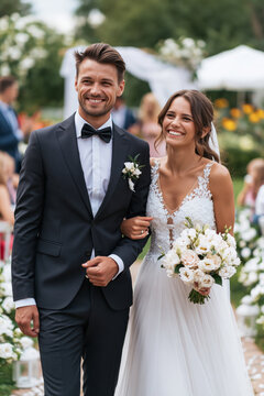 Joyful nuptials ceremony in a blooming botanical garden, authentic smiles, elegant decor, bright natural lighting, during daytime