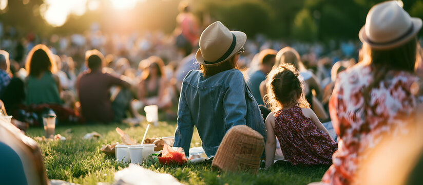 Family members enjoy an outdoor picnic and a public concert in the open air at a park, sitting on the grass with plenty of space to spread out
