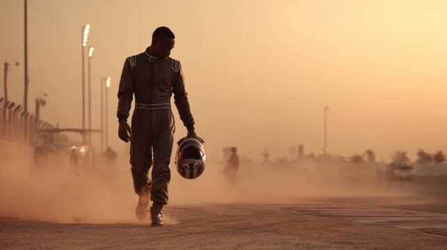 Racer walks off track in dust at sunset after competition. A lone race car driver in a firesuit walks away from the track, holding his helmet as dust swirls around him in the warm sunset light