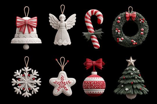  christmas tree decorations in the shape of a circle, isolated on a white background. vintage toys and figurines with wreaths, an angel, a sledge, a star, snowflakes, ice skates, a clock, holly leaves