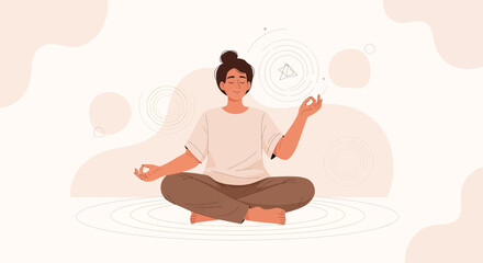 Obraz premium Woman Meditating in Lotus Pose, Abstract Background, Vector Illustration