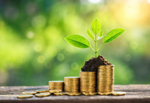 Green plant sprout growing out from rich soil topped with stacked golden coins symbolizing investment growth financial savings success