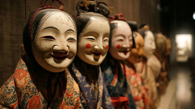 Row of antique Japanese Noh theater masks displayed in a dimly lit museum exhibition