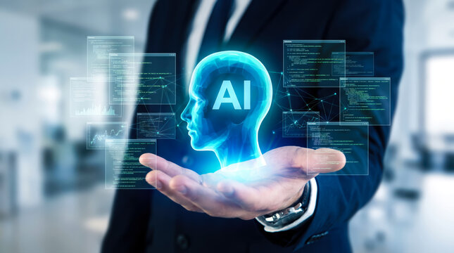 Innovative AI Technology in Business Professional Presenting Artificial Intelligence Solutions and Data Analytics