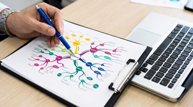 Business professional analyzing a colorful strategy mind map on a clipboard beside a laptop computer