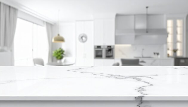 Polished white marble and granite kitchen island countertop for product display, luxurious modern interior, premium 3D rendering, spacious copy space