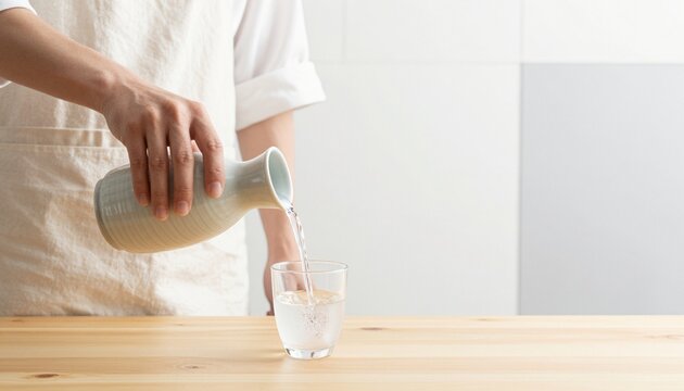 Japanese artisan pouring crystal-clear sake into a glass with traditional ceramic vessel