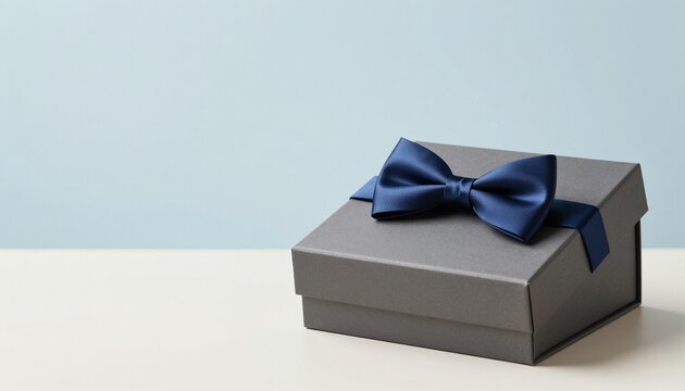 High-quality studio photograph of a square matte charcoal grey gift box with navy blue silk bow on a minimalist light blue background