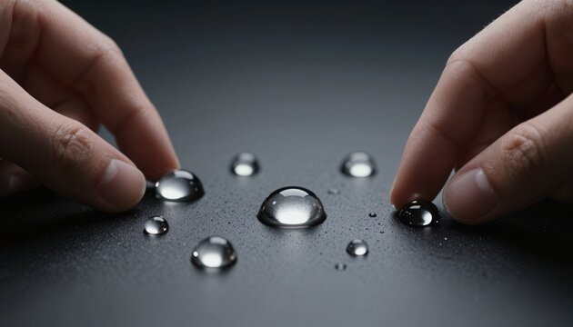Macro photography of a smooth obsidian-black surface with scattered shimmering silver droplets