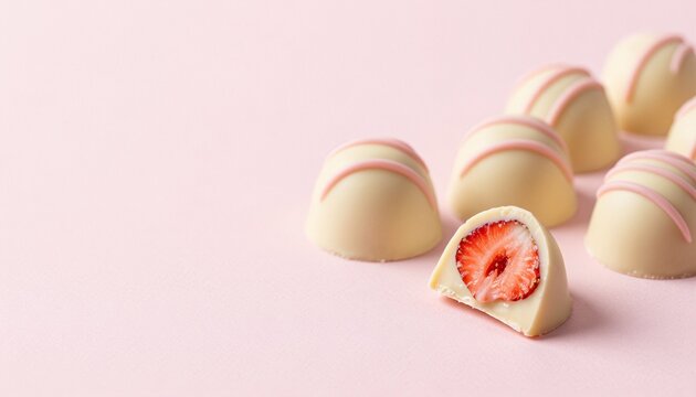 High-end commercial photograph of gourmet white chocolate truffles with strawberry filling on a matte pink surface