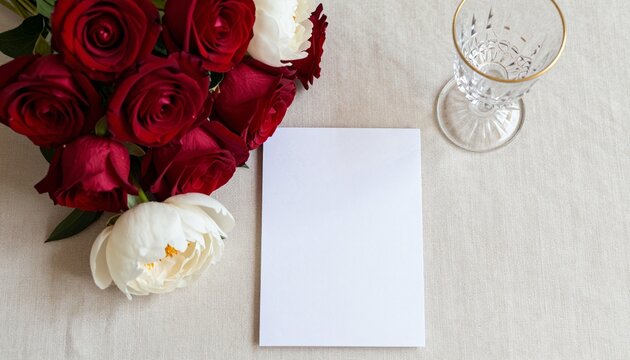 Elegant flat lay of deep crimson roses and white peonies with crystal glassware and invitation card