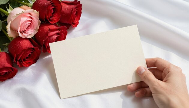 Elegant romantic scene with dew-kissed red and blush pink roses on white silk fabric with blank card