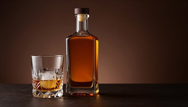 Premium studio photograph of a sleek unbranded glass whiskey bottle with a crystal tumbler filled with Scotch and ice sphere