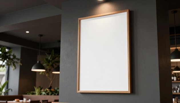 Large vertical wooden frame with blank white canvas mounted high on minimalist textured wall