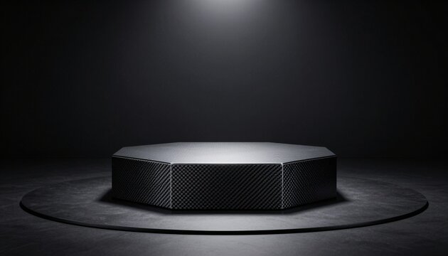 Minimalist hexagonal pedestal with dark gray carbon fiber weave pattern for product display