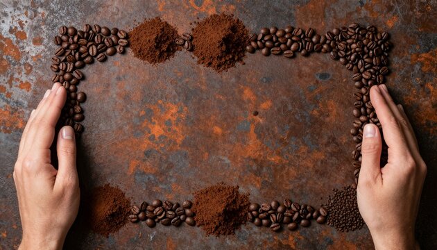 Coffee and chocolate ingredients flat lay with beans, ground coffee, cocoa powder, and granules on textured metal background