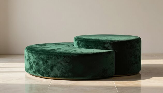 Luxurious emerald green velvet cylindrical display podium for product showcasing