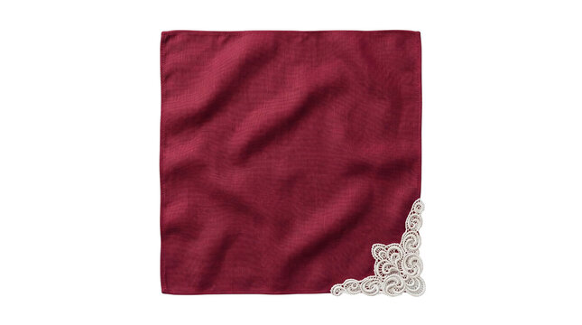Square burgundy linen napkin with white lace corner on a transparent background